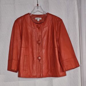 Coldwater Creek Pumpkin Orange Button Front Side Pockets Flared Leather Jacket